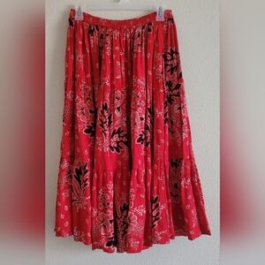 Vintage Cactus Flower Red Floral Tiered Maxi Skirt